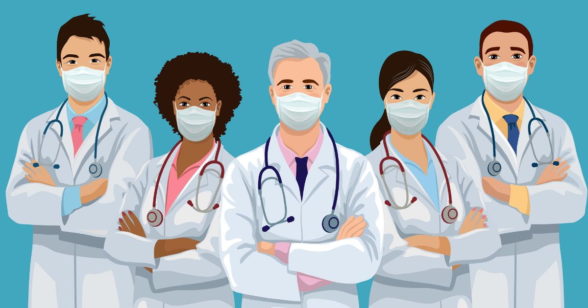 cartoon doctors standing together wearing masks